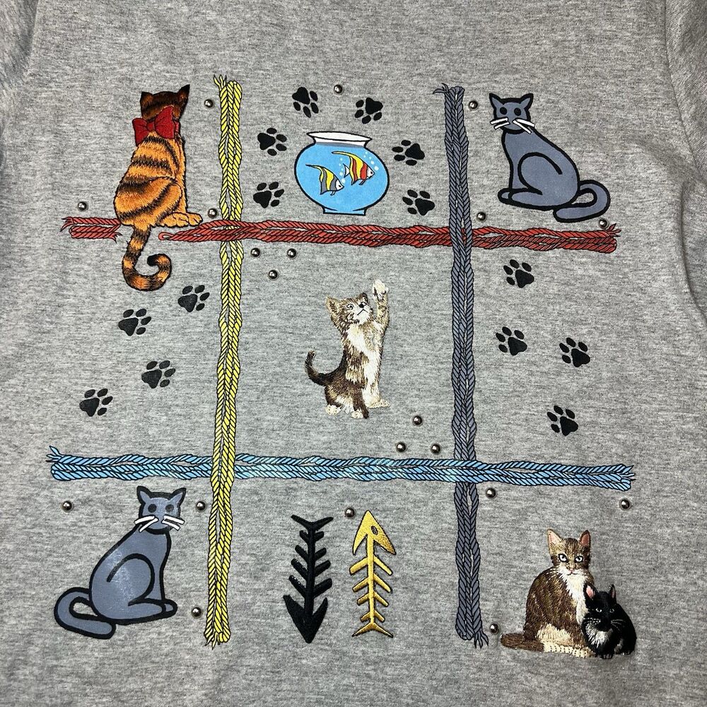 VTG Sarah Bentley Womens T Shirt Embroidered Patch Kittens Shoulder Pad Sz S USA